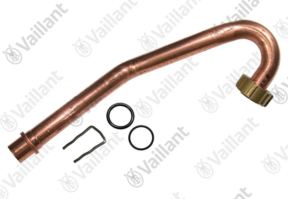 Knickrohr aus Kupfer mit einem Anschluss und zusätzlichem Zubehör, darunter O-Ringe und Sicherungsclip, von der Marke Vaillant.